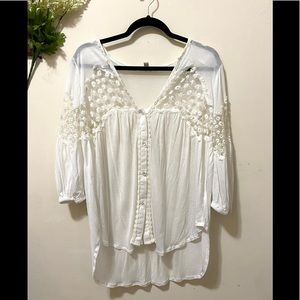 Charming Charlie Button Up Top Blouse Floral Embroidery Romantic